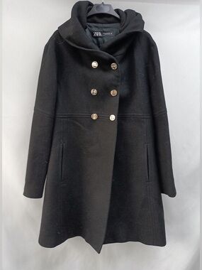 Zara Black Hooded Double-Breasted Long Coat ▪️⚜️🔲